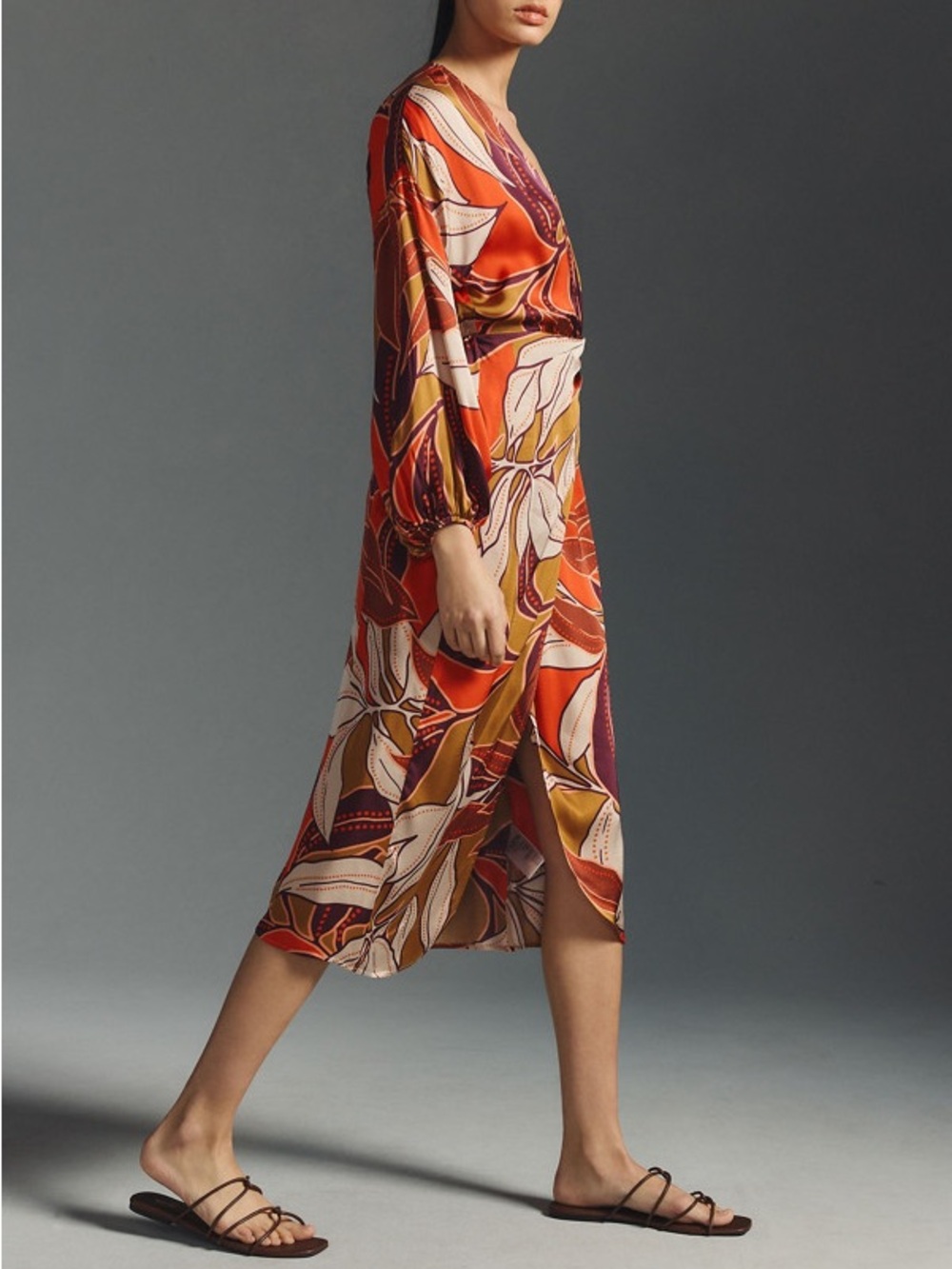 Anthropologie Floral Printed Midi Dress XS NWT Satin Faux Wrap Long Sleeve $170 - Picture 7 of 14